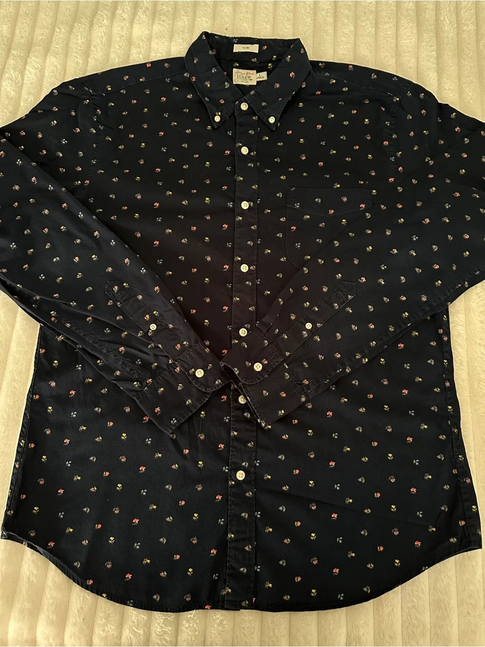 J. Crew Navy Cotton Button-Down Shirt with Small Floral Print Slim Fit
